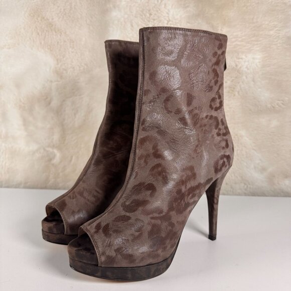 FURLA Leopard Print Peep Toe Ankle Boots 37.5 Brown Leather High Heel Stiletto - Picture 10 of 16